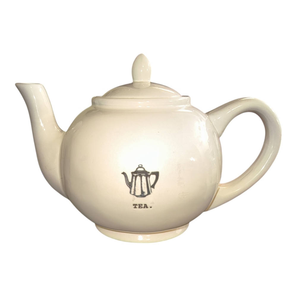 Vintage Farmhouse Ceramic Teapot, Cream Color with Tea Icon Design